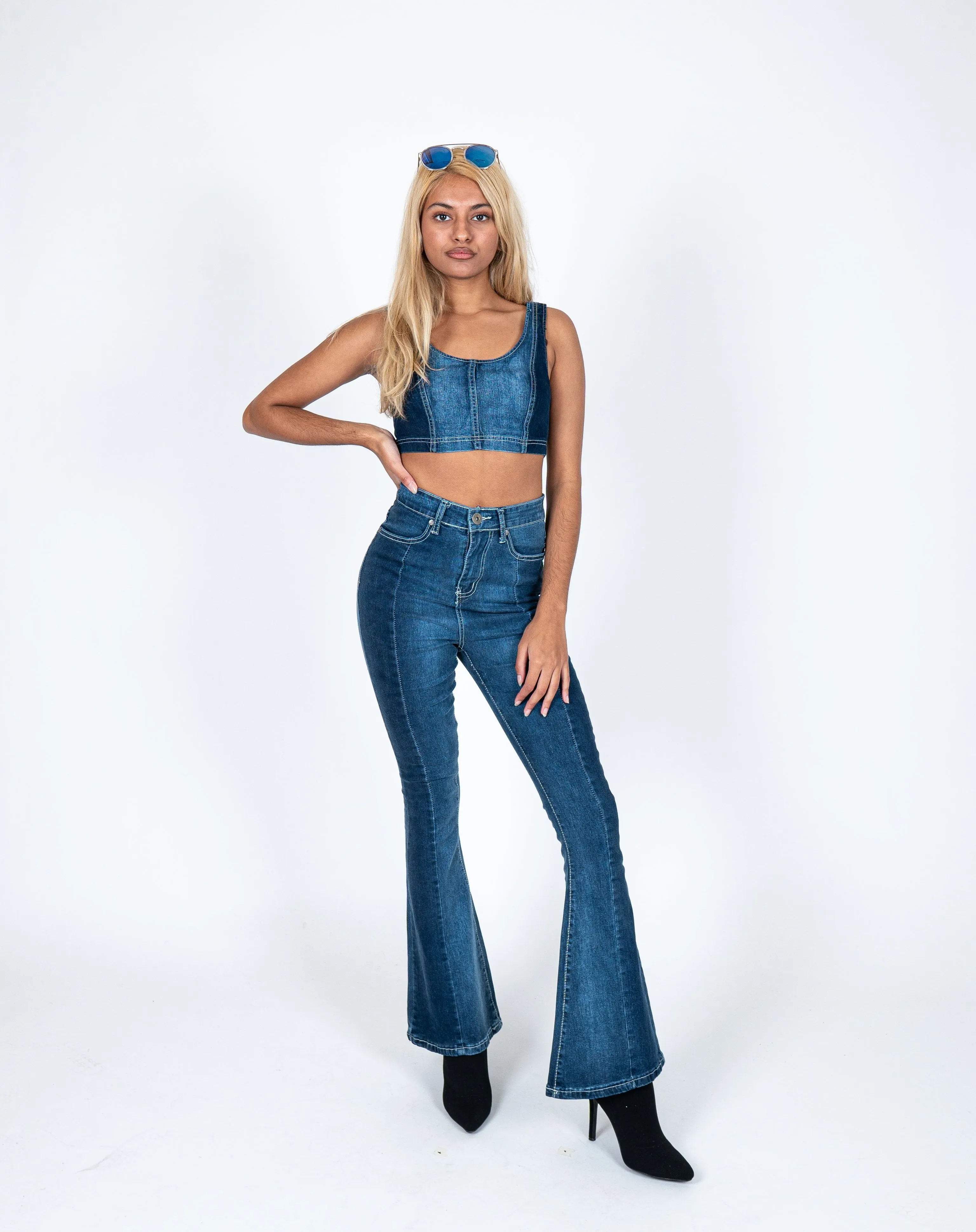 Vice Versa High Rise Denim Flares With Contrast Panel