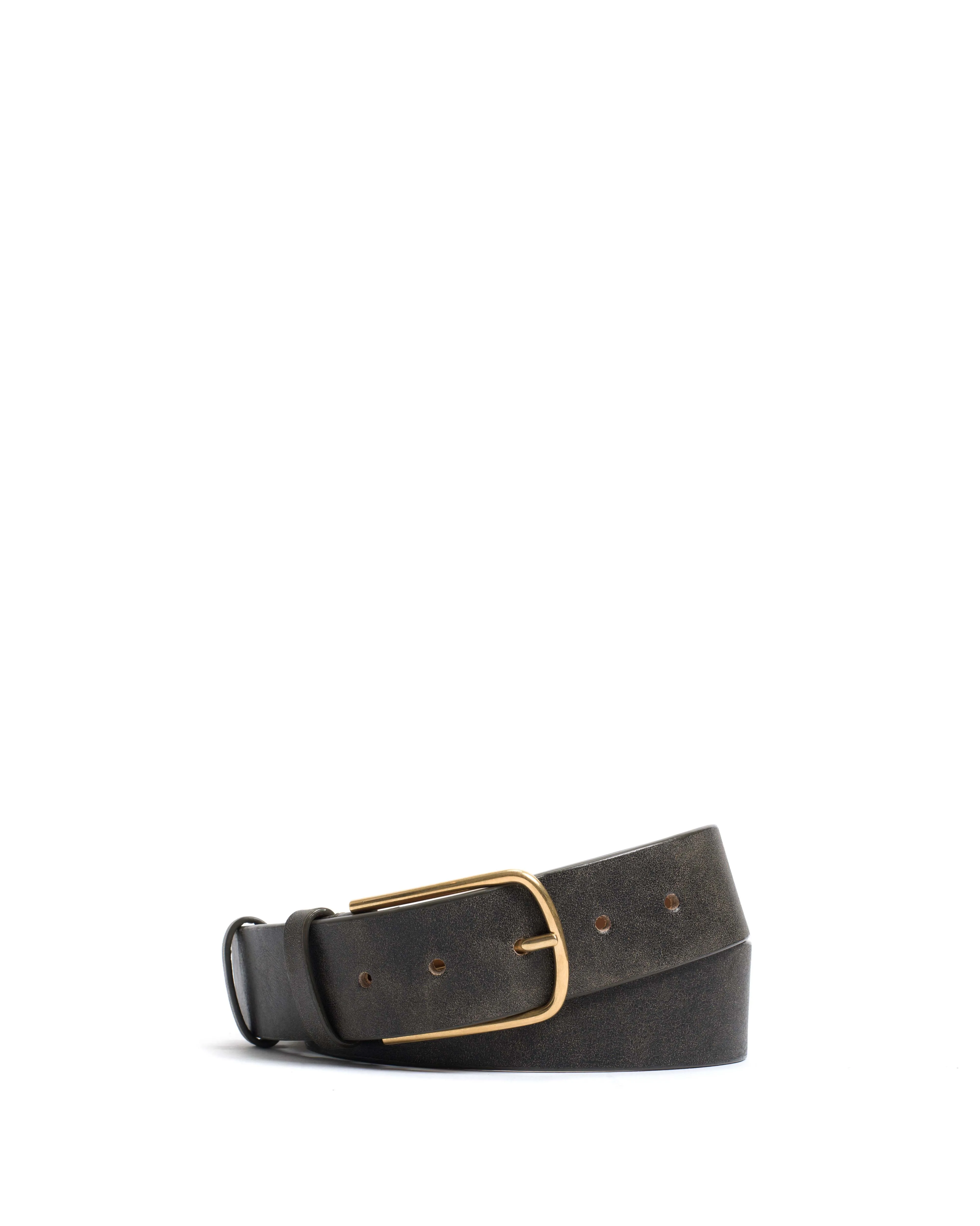 Whane simple unisex leather belt Distressed vegetable tanned calf Off black & gold buckle