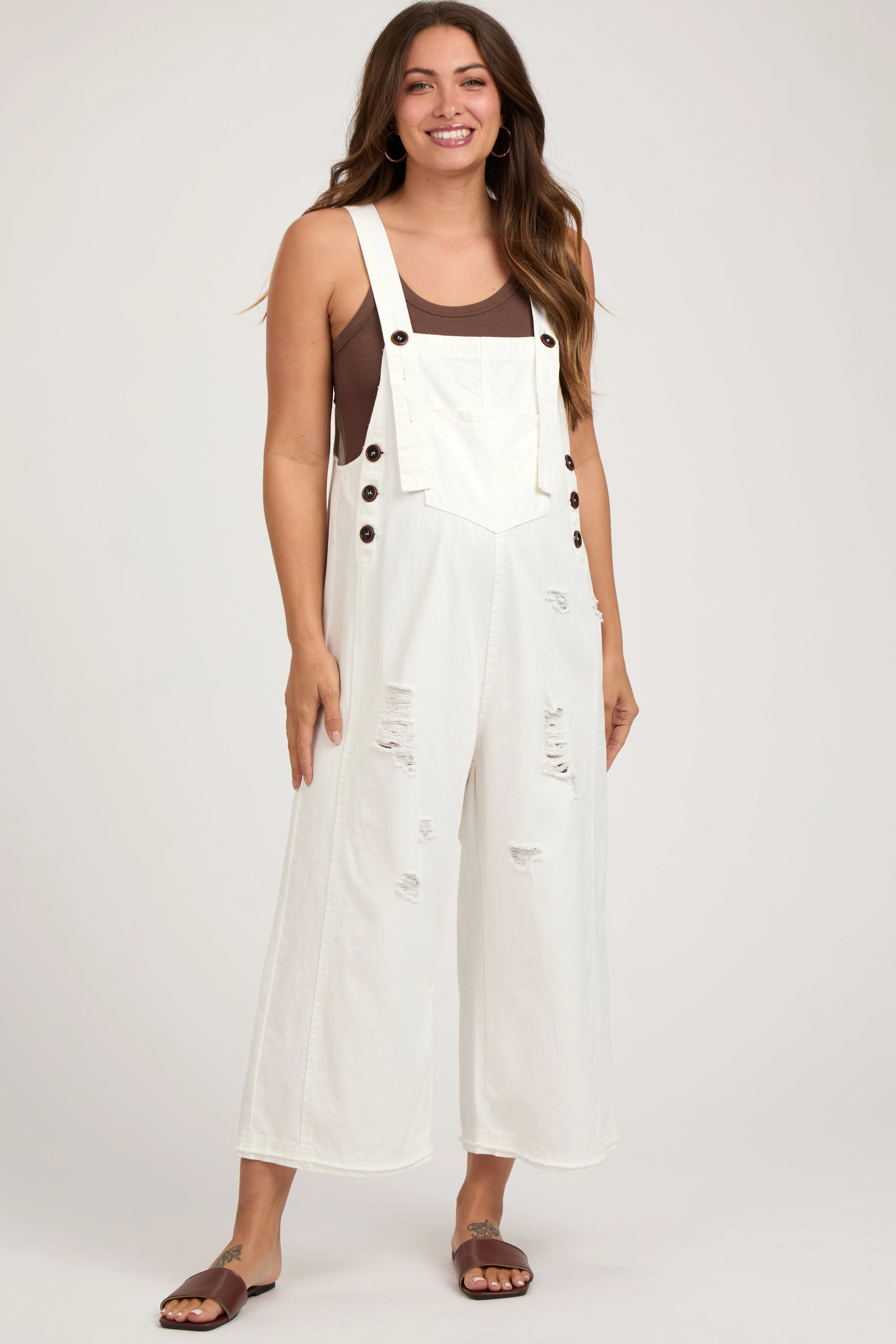 White Side Button Distressed Maternity Overalls