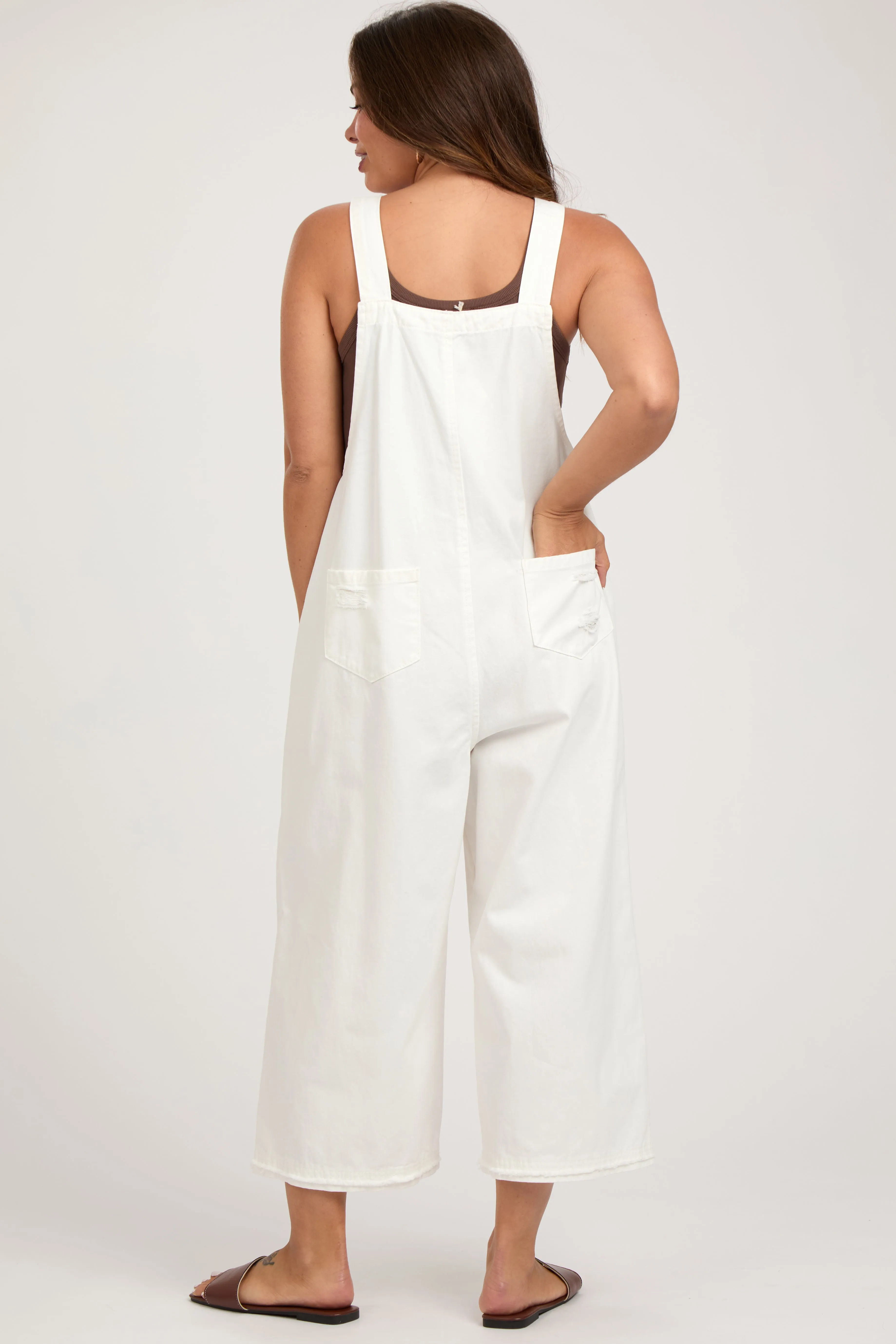 White Side Button Distressed Maternity Overalls