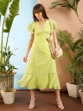 Women Lime Yellow Ditsy Floral Flared Sleeve Midi Dress