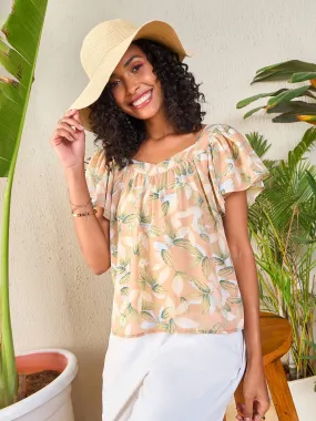 Women Nude Floral Sweetheart Neck Flared Sleeve Top