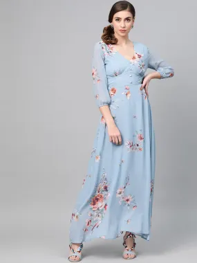 Women Pale Blue Floral Flared Maxi Dress