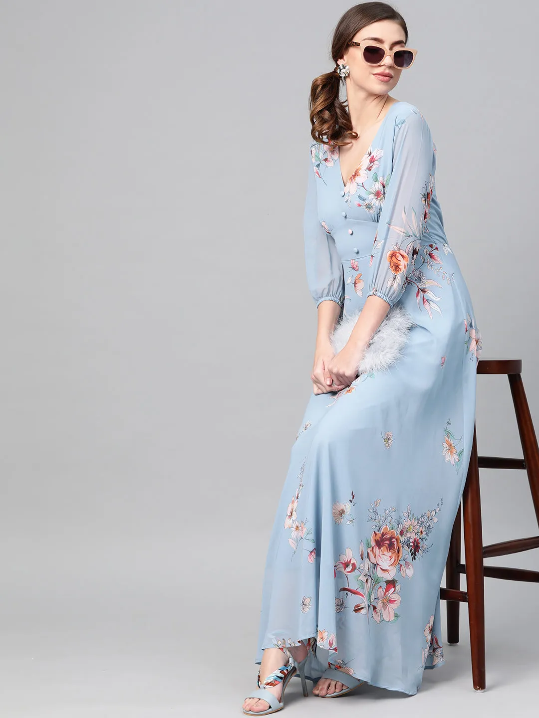 Women Pale Blue Floral Flared Maxi Dress