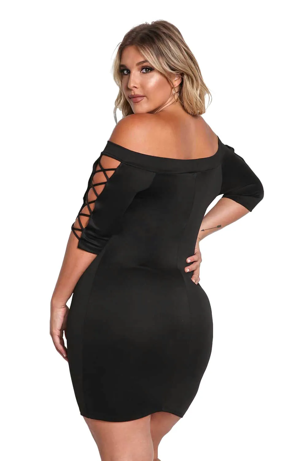 Women Plus Size Sexy One Word Collar Reticular Hollowing Out Sleeve Solid Dress