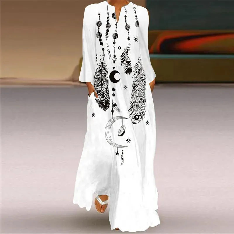 Women Print Full Sleeve V-neck Zipper Elegant Dresses